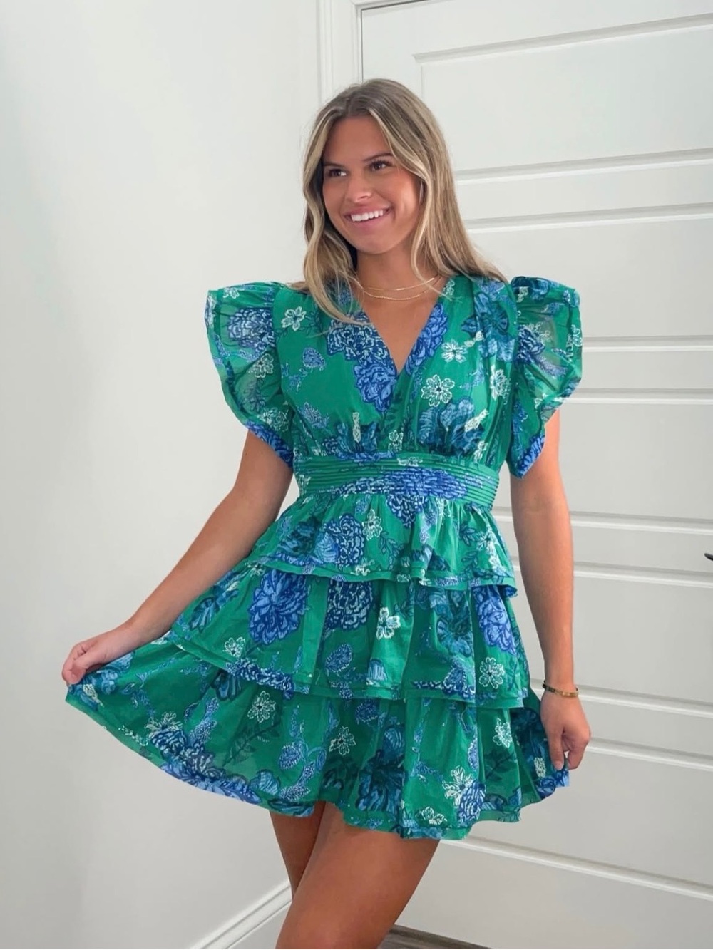 Green Floral Tiered V-Neck Mini Dress